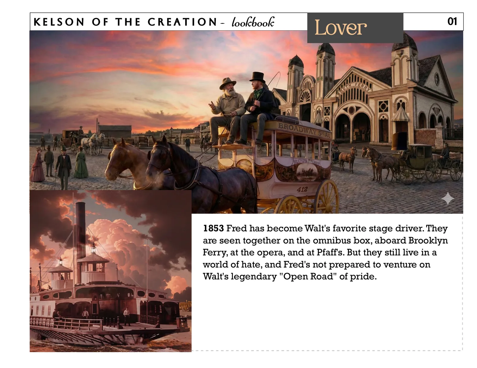 Lover, page 1. 1853 Fred has become Walt's favorite stage driver. They are seen together on the omnibus box, aboard Brooklyn Ferry, at the opera, and at Pfaff's. But they still live in a world of hate, and Fred's not prepared to venture on Walt's legendary "Open Road" of pride.