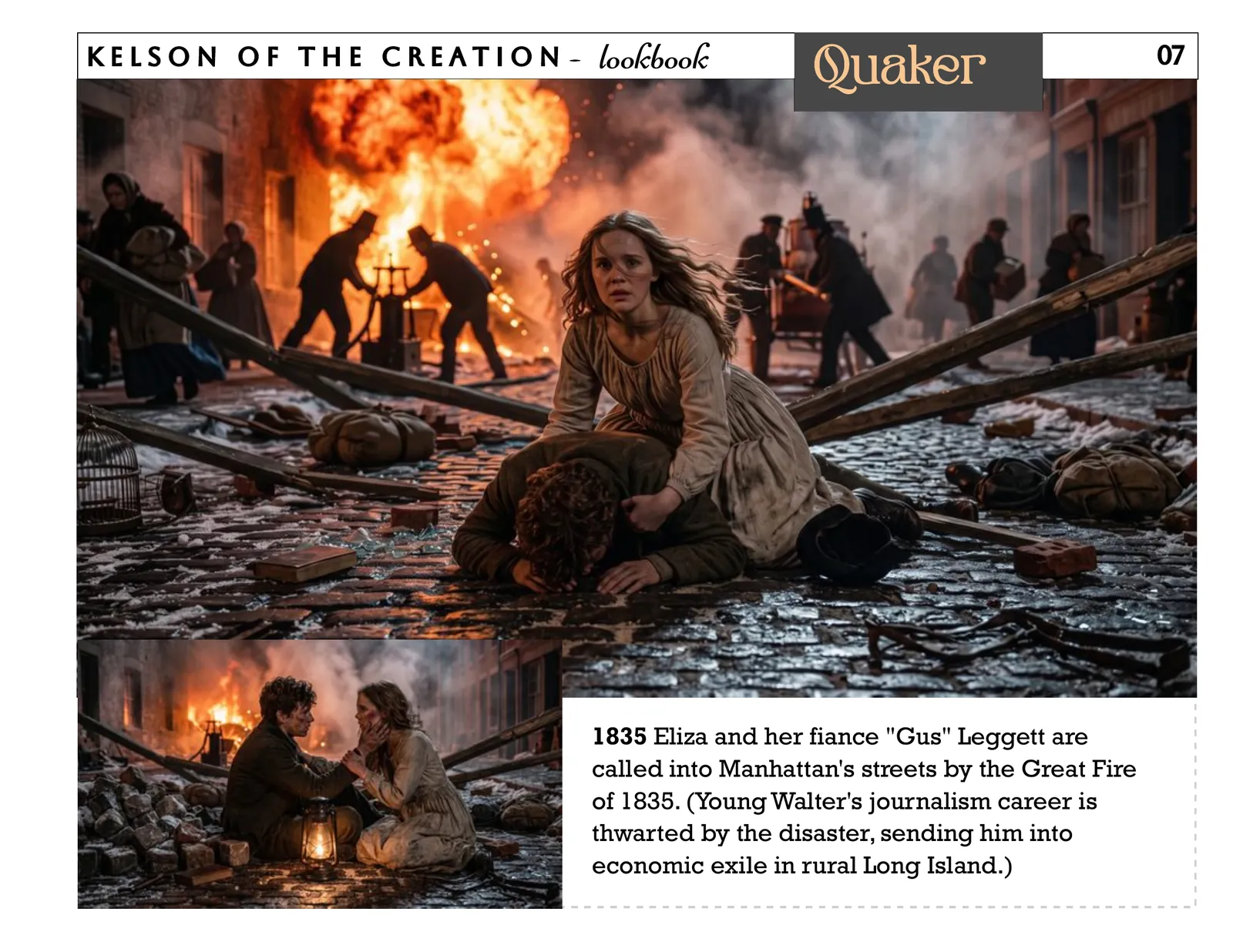 Quaker, page 7. 1835 Eliza and her fiance "Gus" Leggett are called into Manhattan's streets by the Great Fire of 1835. (Young Walter's journalism career is thwarted by the disaster, sending him into economic exile in rural Long Island.) 07